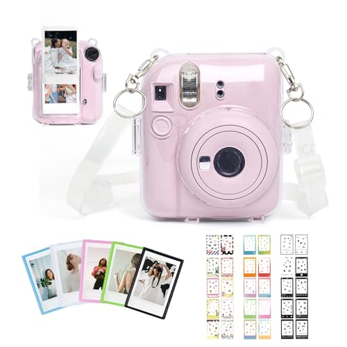 Clear Case Compatible with Fujifilm Instax Mini 12 Instant Camera with Mini Magnetic Photo Frames And 30pcs Lovely Mini Film Border Stickers (Case+Frames+Films Border Sticker)