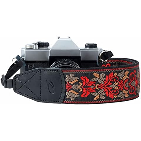 Camera Strap - 2" Retro Jacquard Embroidery Multi-pattern Camera Straps Adjustable,Wide Camera Neck/Shoulder Strap with Genuine Leather Head for All DSLR/SLR Digital Cameras(Vintage Red Flower) Cover