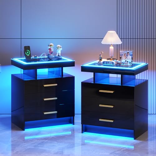 Image of HNEBC Night Stand Set 2 with LED Lights, High Gloss Nightstand with 3 Drawers,Wireless&USB&Type-C Charging Station,Smart Side Tables with Tempered Glass Top for Bedroom,Living Room,Office-Black