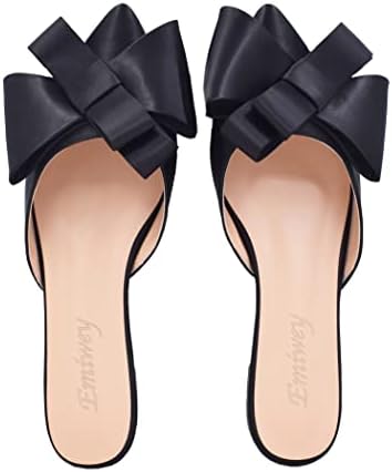 Emiwey Pointed Toe Bow-Knot Flat Backless Slip On Slide Mules for Women Black 8 M US