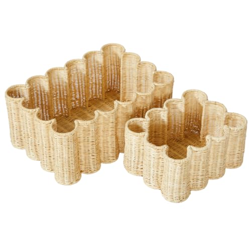 BEBE BASK Unique Wavy Scalloped Basket Set Of 2 - Scallop Basket - 16 x 10 x 7 In - Hand-Woven Elegant Wicker With Scalloped Edge Lid - Nursery Storage - (Earthy)