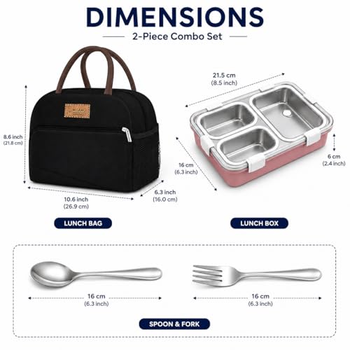 Image of Misamo Enterprise Lunch Box with Insulated Lunch Bag Combo, 3 Compartment Stainless Steel Lunch Box with Spoon & Fork, Leak Proof Food Container for School, Office & Travel (Black Bag+Pink Lunch Box)