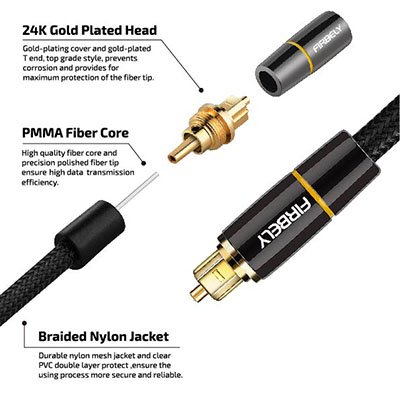 Firbely Digital Optical Audio Toslink Cable Male To Male- 24K Glod Plated Metal Connectors And Braided Jacket 10 Feet #TOP1