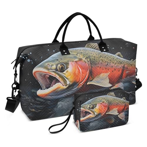 Large Travel Duffel Bag, Trout Face Closeup Sport Tote Gym Bag, Shoulder Weekender Overnight Bag for Women Men, Carry On Luggage with Toiletry Bag