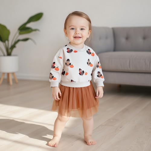 Toddler Baby Girl Thanksgiving Outfit Turkey Letter Printed Long Sleeve Dress Mesh Tulle Clothes2