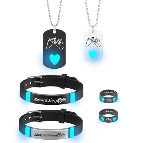 ATLVXJL 6/Pcs Set Glowing Heart Crown Hand in Hand Stainless Steel Matching Couple Necklaces and Rings Fashion Love Gift Romantic Accessories