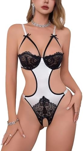 Women's One Piece Sexy Lingerie Bodysuit with Underwire Balconette Lace Cup V-Neck Sleepwear Leotard Nightie Babydoll