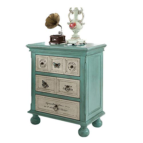 KTOL Azul Shabby Chic Mesita De Noche con 3-cajones,72cm Retro Mesillas De Noche con 4 Pies De Mesa Abedul MDF Antigua Dormitorio Mesita Azul 72cm