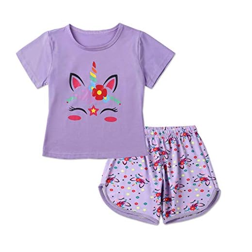 LZH Pyjamas för flickor enhörning flamingo pjs set barn sommar kortärmad nattkläder storlek 4–12, lila, 10-11 År