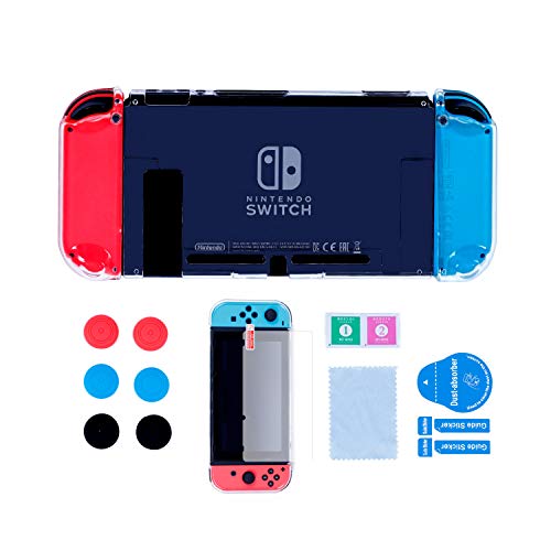 Accessories Case for Nintendo Switch, Dockable Protective Hard Cover Case for Nintendo Switch and Soft TPU Grip Case for Joy-Con with Tempered Glass Screen Protector and Thumb Stick Caps - Clear