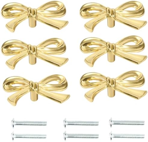 6 Pack Gold Solid Brass Bow Drawer Knobs, Cabinet Pulls, Dresser Handles - Compact, Decorative, Elegant Furniture Hardware for Cupboard, Wardrobe