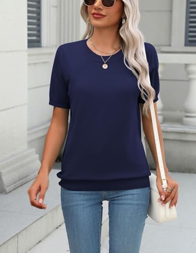 Image of Zeagoo Womens Summer Short Sleeve Tops Crew Neck Lightweight Pullover Sweaters Loose Dressy Casual Blouse Basic Clothes