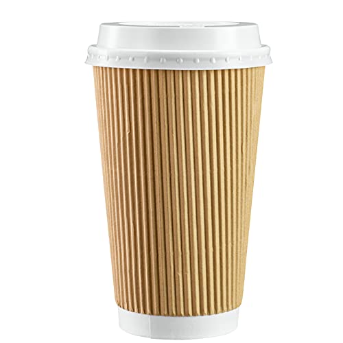 Comfy Package [Pack de 50 - 470 ml - 16 oz] - Vasos aislantes de papel corrugado - Con tapas - Para bebidas calientes