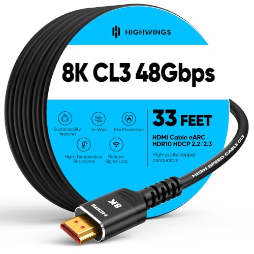 Highwings 10K 8K Long HDMI Cable 10M/33FT, CL3 Rated HDMI, Ultra High Speed