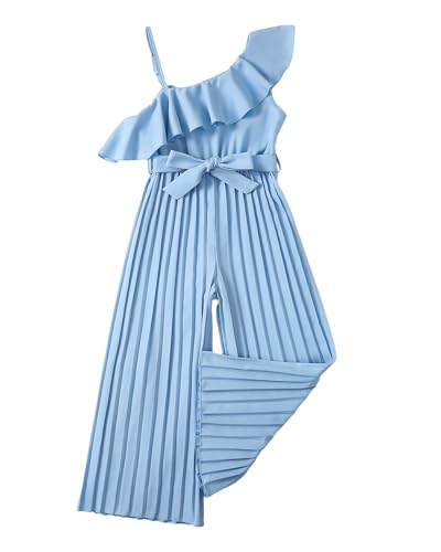 YOURUIKEY Girls' Jumpsuit Kid Ruffle Trim Halter Wide Leg Pleated Blue Long Romper with Belt Cute Summer Outfits for Tween Girl Size 12
