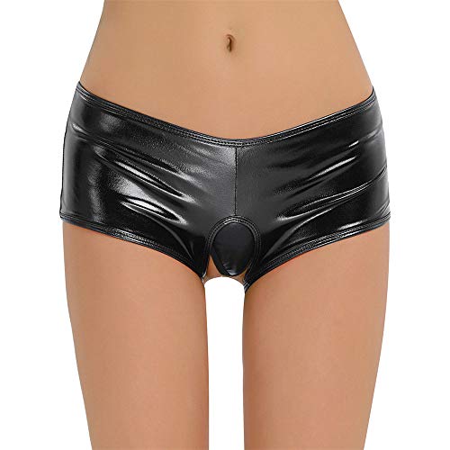 LATINDAY Sexy Women's Hollow Out Shiny Leather Hot Shorts Metallic Dance Bottoms