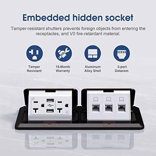 Kyhshj Dual Pop-Up Floor Electrical Outlet Box Kit，20 Amp Stainless Steel Usb Tr Receptacle Outlet，3-Port Rj45 Datacom Receptacle，Waterproof Gasket With Ip44 Waterproof Rating, Corrosive Resistant Hardware，Etl Listed, Oil Rubbed Bronze #TOP3