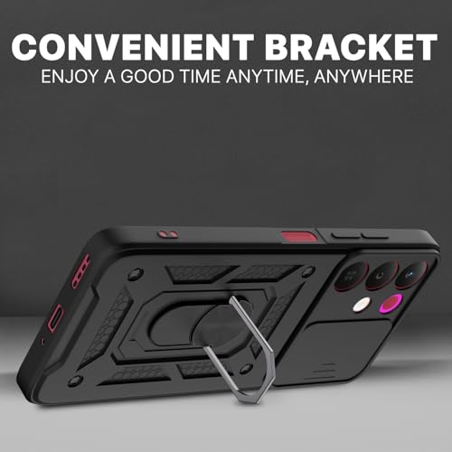 Image of Pikkme Back Cover for Realme Narzo 90X 5G / Realme C85 5G / Realme 15X 5G | 360 Protection Case | Sliding Camera Shield Cover & Ring Holder Stand D10 Tough Armor Bumper Case (Black)