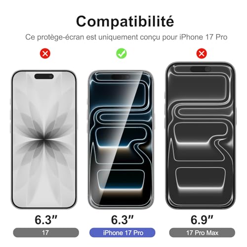 Image of NEW'C 3x Screen Protector for iPhone 17 Pro (6.3 inches)+ 3x Camera Lens Protector, Sensor Protection, Case Friendly Tempered Glass Film, Ultra Resistant, Easy installation tool include