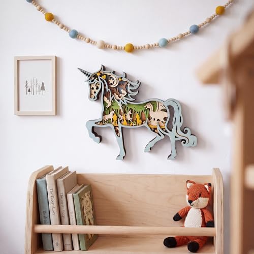 Image of 3D Wooden Unicorn Decor - Multi-Layer Carved Enchanted Forest & Castle Animal Figurine, Fantasy Room Decor & Nursery Wall Art, Unique Mythical Creature Gifts for Girls, Kids and Women
