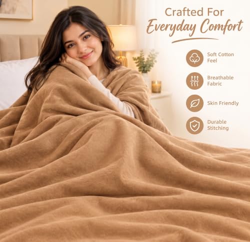 Image of HOMEKART 300 TC All Season Solid /Plain Lightweight Polar Fleece Double Bed Blanket (230 x 230 cm), Light Beige