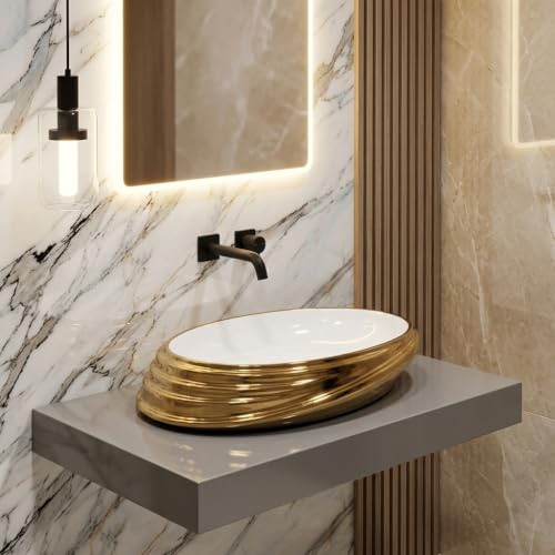 Image of Luxurious Golden Table Top for Bathroom /Ceramic Bathroom Wash Basin /Countertop Wash Basin /Vessel Sink (20x16 Inch)