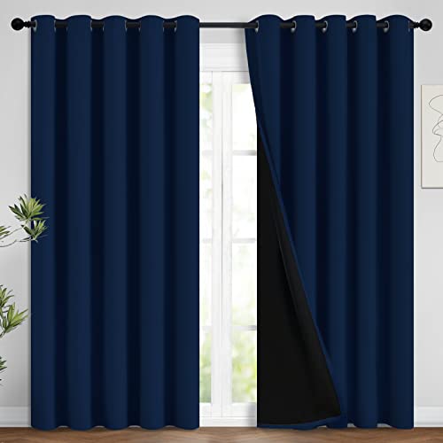 Image of Yakamok Navy Blue 100% Blackout Curtains 96 Inches Long 62 inch Wide, 2 Panels | Blackout Curtain Panels for Bedroom, 2 Thick Layers Grommet Top Thermal Insulated Drapes with Black Liner for Living Room