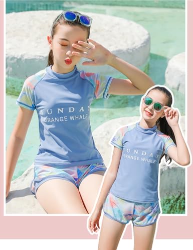 Image of Girls Short Sleeve Rash Guard Sets Swimsuits Two-Piece Beach Swimwear Quick Dry Bathing Suits UPF 50+ 8-16 Years