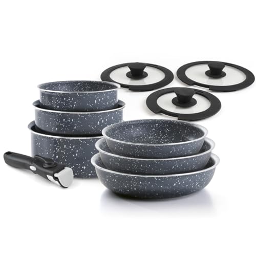 Qulinart - Batteria da cucina in alluminio pressato - 3 padelle da 20, 24 e 28 cm + 3 padelle da 16, 18 e 20 cm + 3 coperchi + 1 manico rimovibile - nero