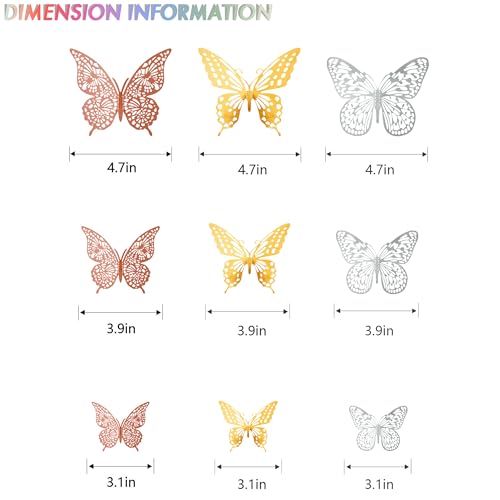 Image of SAOROPEB 3D Butterfly Wall Decor, 72 Pcs 3 Styles 3 Sizes, Removable Metallic Wall Decor Sticker Room Mural Decals for Kids Bedroom Nursery Classroom Party Decoration Wedding Decor DIY Gift (3 Color)