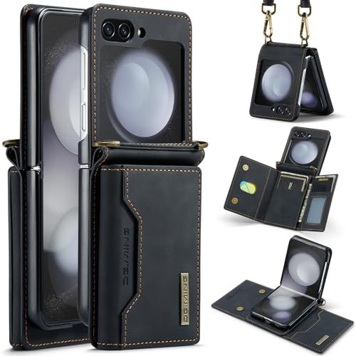 for Samsung Galaxy Z Flip 6 Case with Crossbody Wallet, 8 Cards Slot and Premium Leather Kickstand Vintage Card Holder.(Black) Black Samsung Galaxy Z Flip 6
