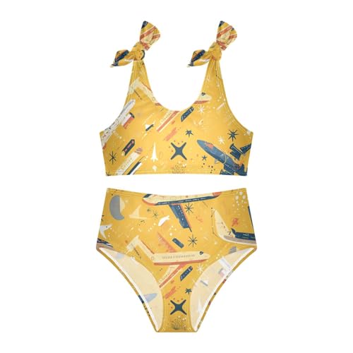 Kids Pattern Airplanes Colorful White Girls Two Piecing Bikini Set Beach Swimsuit Swimwear Cute Shoulder Strap3