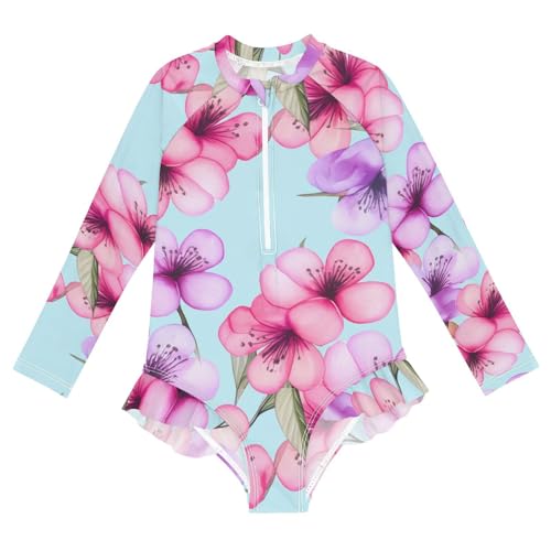 J JOYSAY Colorful Cherry Blossom Girls One Piece Swimsuits Long Sleeve UPF 50+ Rash Guard Kids Swimwear 3-12 Years