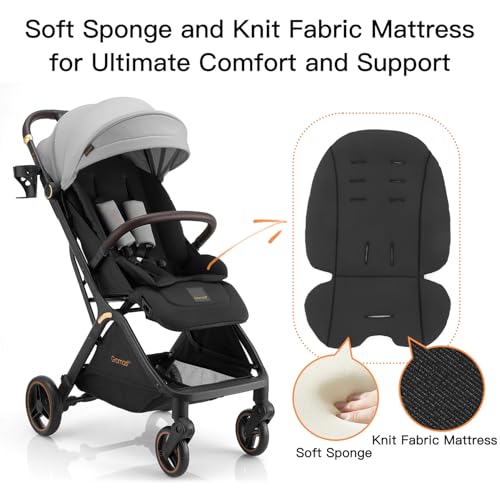 Image of Gromast Gravity Folding Baby Stroller - Portable Travel Toddler Stroller w /Adjustable Backrest, Canopy & Cup Holder, Lightweight and UV Protected, One-Hand Automatic Folding - Light Grey