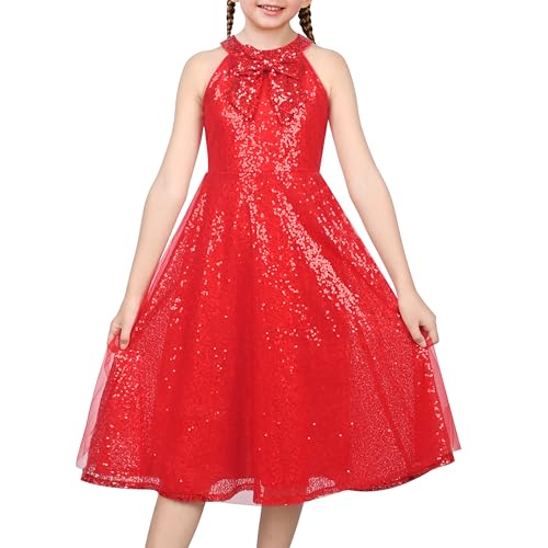 Sunny Fashion Girls Dress Scarlet Red Sequin Halter Neck Bow Christmas Wedding Pageant Gown New Year Size 6 Years
