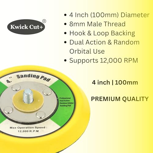 Image of Kwick Cut+ Premium 4 Inch (100mm) Velcro Backing Pad (Pack of 1) | 8mm Male Thread | Dual Action Random Orbital Sander Pad for Sanding, Polishing & Grinding | 12000 RPM Compatible (4-inch)