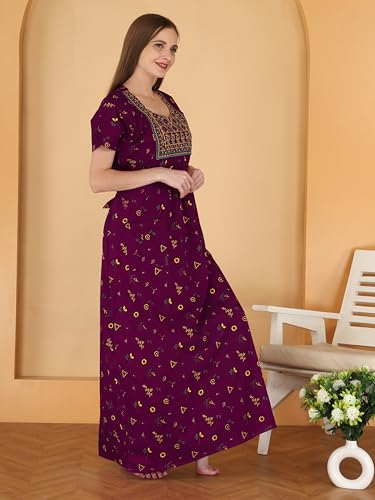 Image of DIAMO Pure Cotton Embroidery Nighty for Women, Cotton Night Gown, Night Maxi Gown, Cotton Nighty with a Pocket and Adjustable Knot