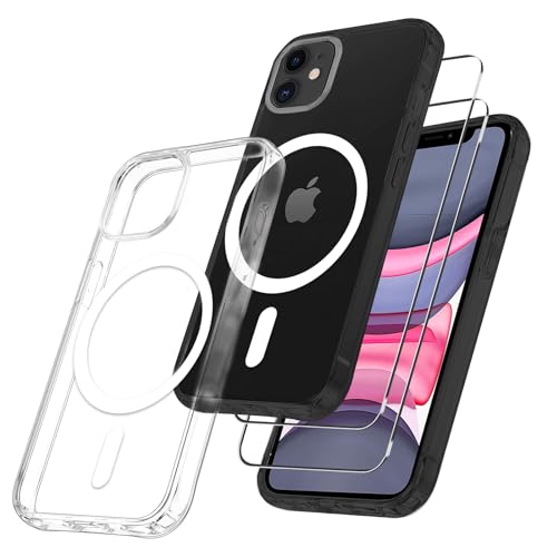 Funda para iPhone 11 Compatible con MagSafe,Funda Magnética iPhone11 con 2 Piezas Cristal Templado,Carcasa Protectora Antigolpes Transparente,Suave TPU Caso Delgada Anti-arañazos Case,6.1 Pulgadas