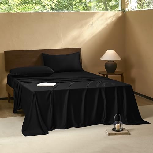 Image of EVERLY Full Sheets Set,Luxuriously 400 Thread Count Organic Viscose Derived from Bamboo Bed Sheet,Cooling Sheets for Full Size 4 Piece Deep Pockets Bedding Sheets &Pillowcases-Black