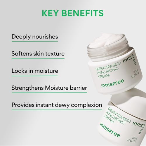 Image of Innisfree Green Tea Seed Moisturiser with Hyaluronic Acid 50Ml| Hydrating & Soothing Face Cream | Non oily & Sticky | Korean Skincare for Dry & Dehydrated Skin For Dry Skin, Normal & Sensitive Skin