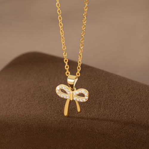 Image of Reffeer Solid 925 Sterling Silver CZ Bow Necklace Chain for Women Teen Girls Crystal Bow Pendant Necklace Choker Bowknot