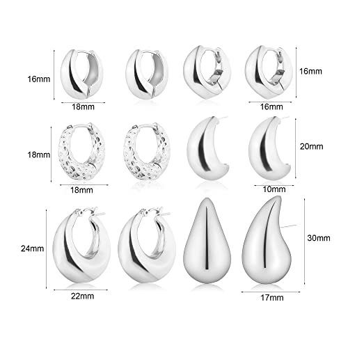 Wgoud Gold Hoop Earrings For Women, Chunky Lightweight Waterdrop Thick Open Hoop Earrings, Hypoallergenic Huggie Hoops Earrings Jewelry Gifts For Women Girls. (6 Silver Hoops) #TOP6