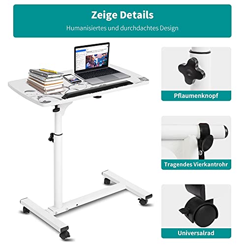 Tavolino Portatile per Computer con Ruote, Altezza Regolabile, Forma a C, Struttura in Metallo, per Letto e Divano, Uso Domestico e Ufficio, Bianco