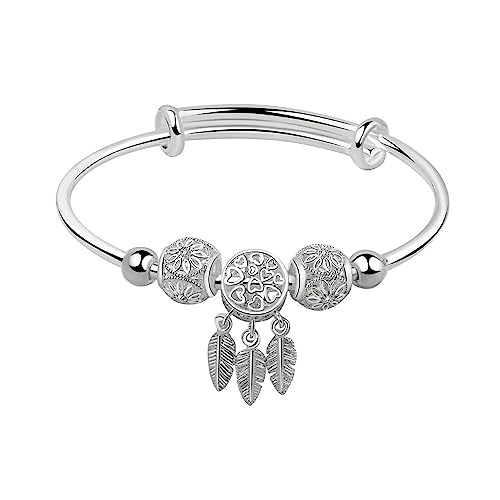 Baoaichi Handmade 925 Sterling Silver Bangle Bracelet Fashion Dream Catcher Bracelets Simple Adjustable Silver Charm Cuff Bangles for Girls Women Jewelry Gift (Color 17)