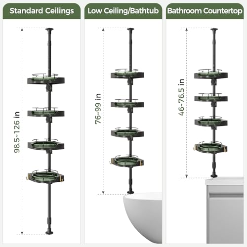 Image of AKINBAS 360 Rotating Shower Caddy Tension Pole with 4-Tier Rustproof Lazy Susan 35-128 Inch No Drilling Coner Shelves Adjustable Shower Rack for Bathroom Bathtub Washbasin Plant Storage (Black+Green)