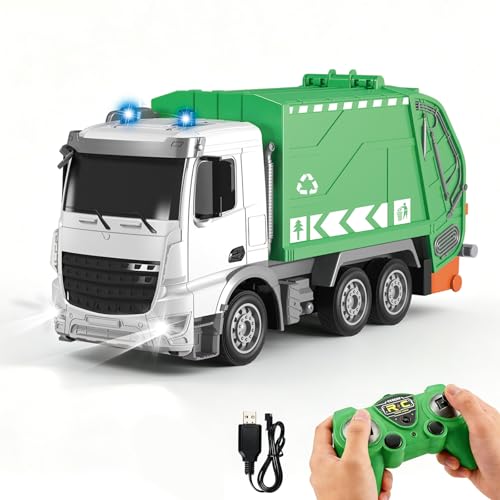 YESHIN 1:24 RC Véhicule Poubelle, Télécommande 6-Canaux 2,4G avec Lumière, Conteneur de Déchets Basculable, Balai & Poubelle, Jouet Réaliste pour...