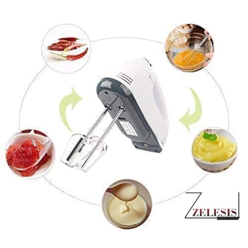 Image of ZELESIS Electric Hand Mixer for Kitchen | Handheld Cake Blender with Four Stainless Steel Attachments Including Beaters & Dough Hooks for Whipping Cream