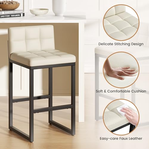 Image of 24 inch Bar Stools Set of 2, Modern Faux Leather Counter Height Bar Stools with Low Back and Footrest, Sturdy Thickened Metal Leg, Upholstered Kitchen Bar Chairs for Island, Beige