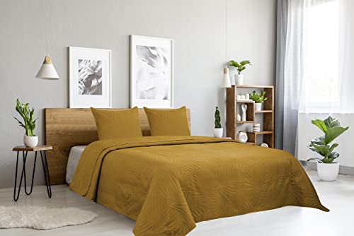 Autrefois Dessus de lit Jaune Safran Oasis - Couvre lit matelassé Doux et léger - Boutis uni 240x260 cm - 2 Places avec Deux taies 65x65cm - Motifs Feuilles...