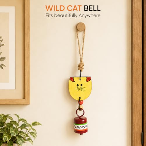Image of Aakriti Art Creations Handpainted Wild Cat Wind Chime in Yellow & Red | Modern Art Wooden & Metal Wind Chime with Bell | Matte Decorative Wind Chimes for Balcony, Garden & Home, Living Room & Gifting